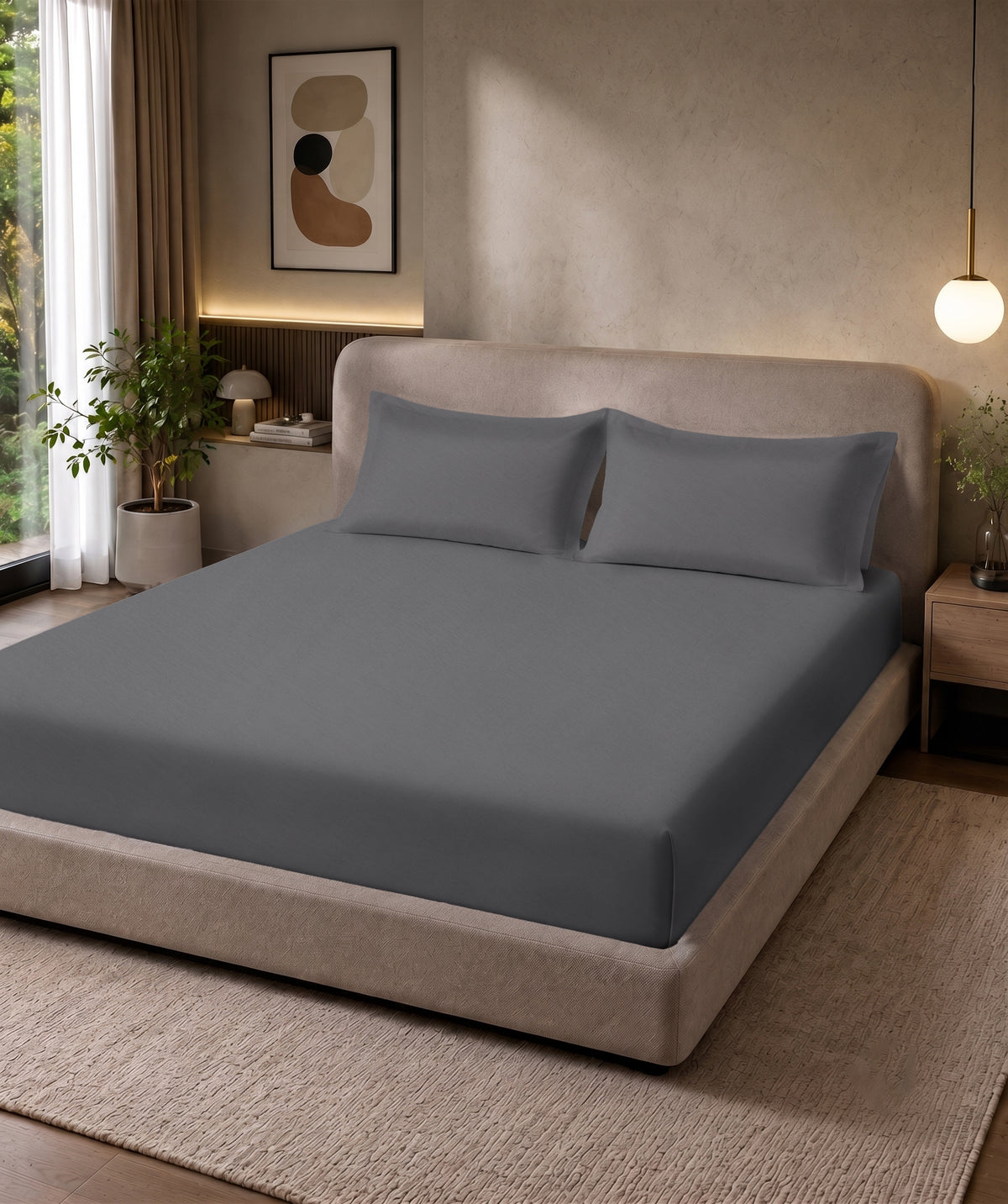 Charcoal Grey Solid Fitted Bedsheet With Pillow Cover