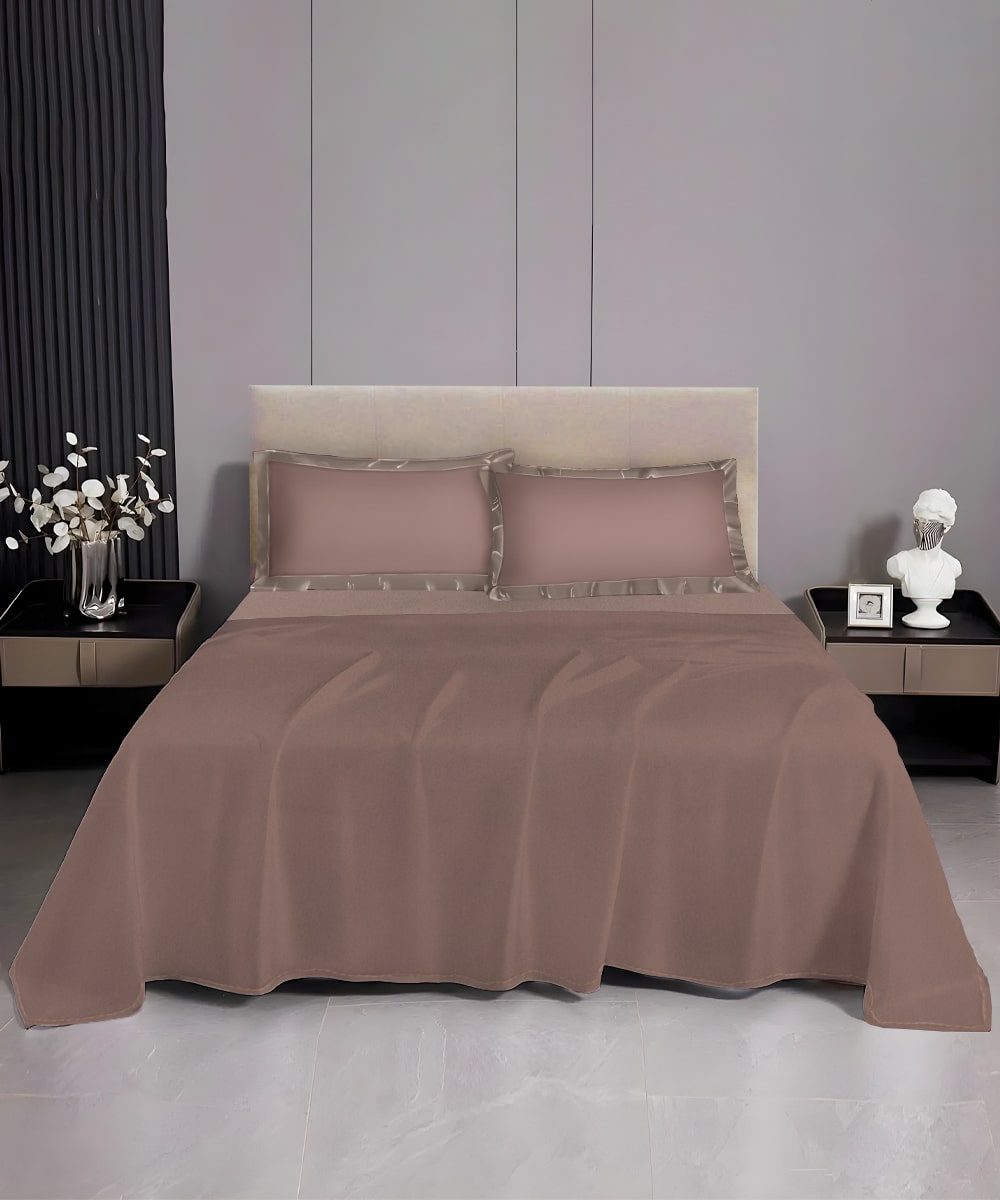 Pastel Brown Solid Flat Double Bedsheet With 2 Pillow Covers