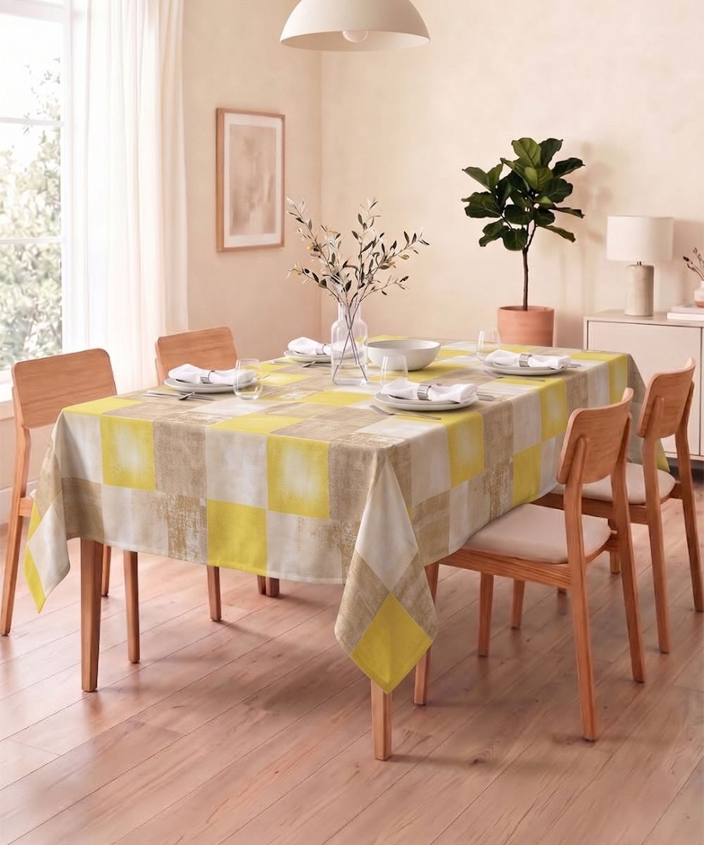 Checkered Table Cloth | Yellow & Beige | Soft, Washable & Reusable | 6-8 Seater