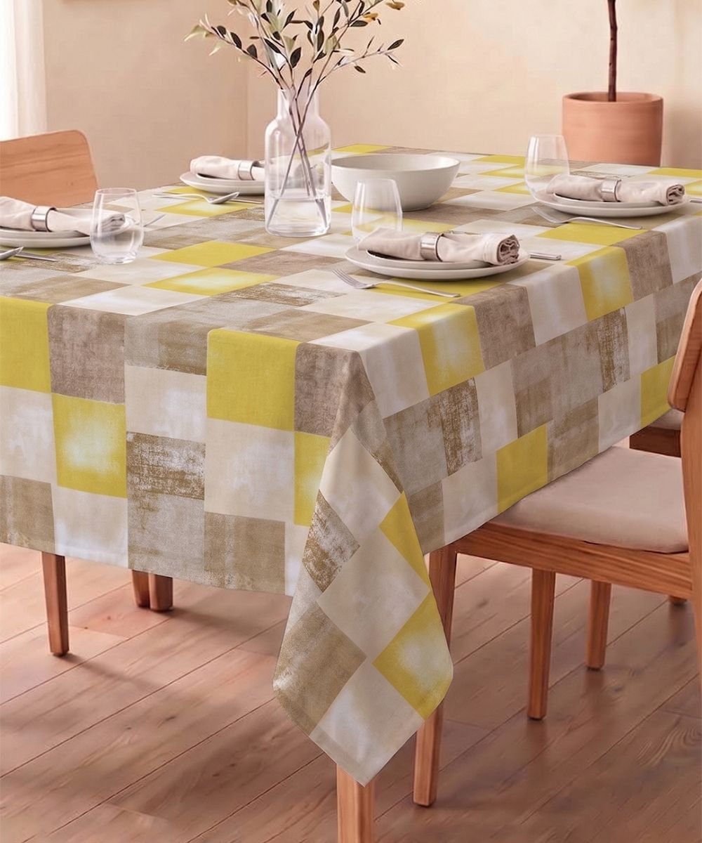 Checkered Table Cloth | Yellow & Beige | Soft, Washable & Reusable | 6-8 Seater
