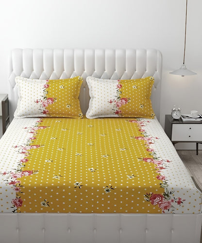 Mustard Floral Flat Double Bedsheet With 2 Pillow Covers