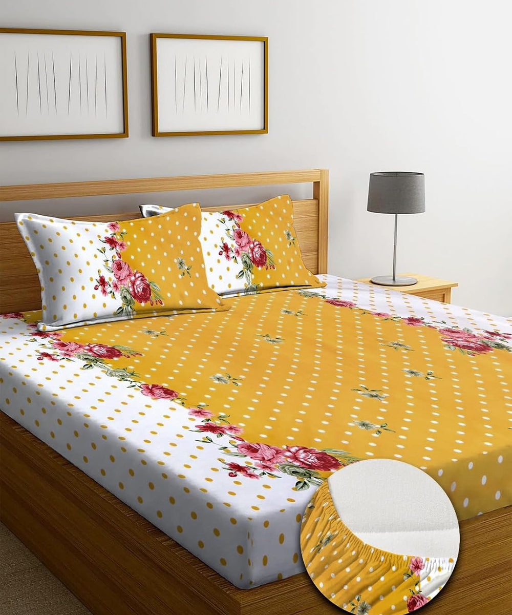 Mustard Floral  Fitted Bedsheet With Pillow Cover