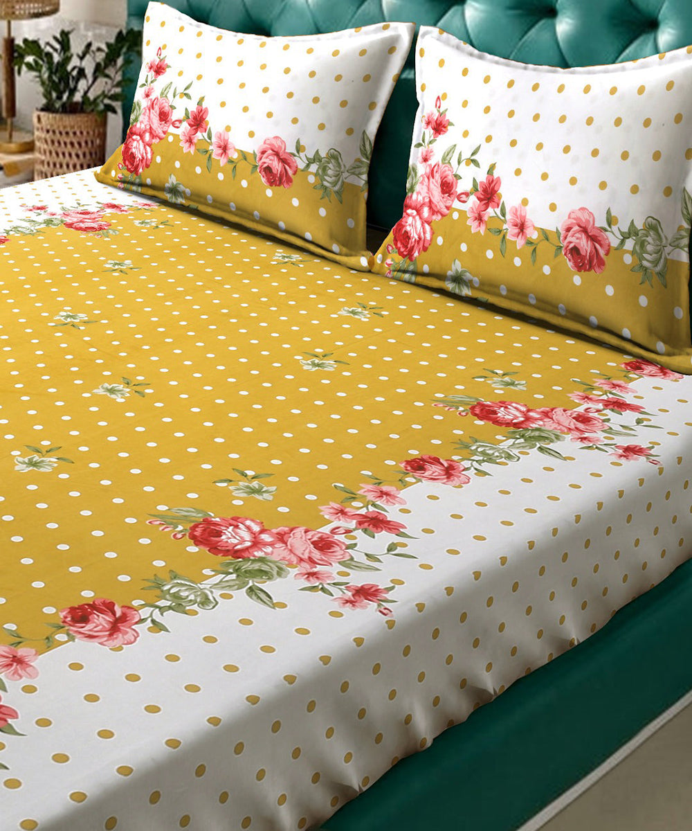 Mustard Floral  Fitted Bedsheet With Pillow Cover