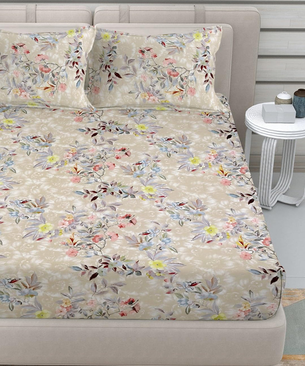 Blossom Beige Delight Fitted Bedsheet With Pillow Cover