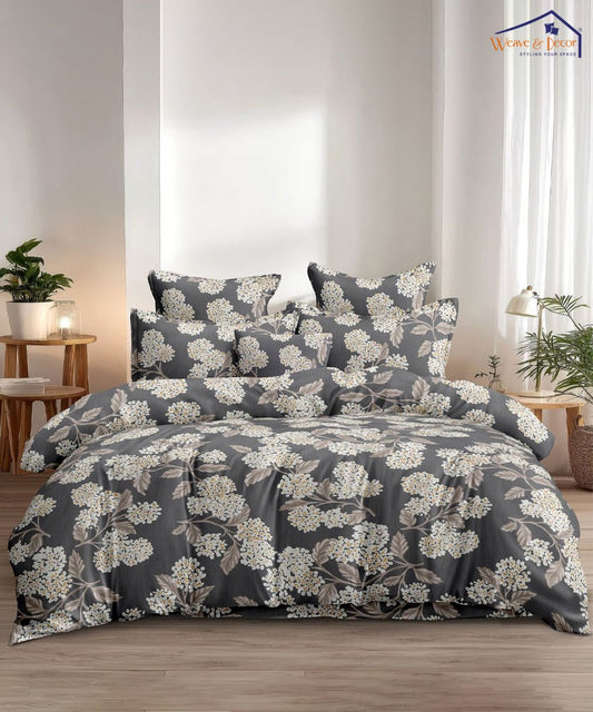 Grey Floral Elegance King Size Bedsheet With 2 Pillow Covers