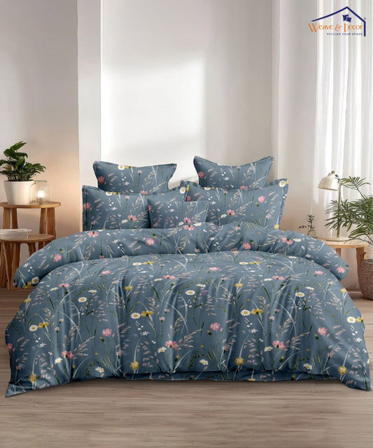 Meadow Bloom Blue King Size Bedsheet With 2 Pillow Covers