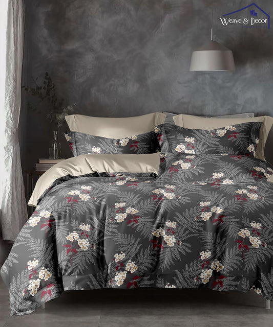  Charcoal Floral Elegance King Size Bedsheet With 2 Pillow Covers