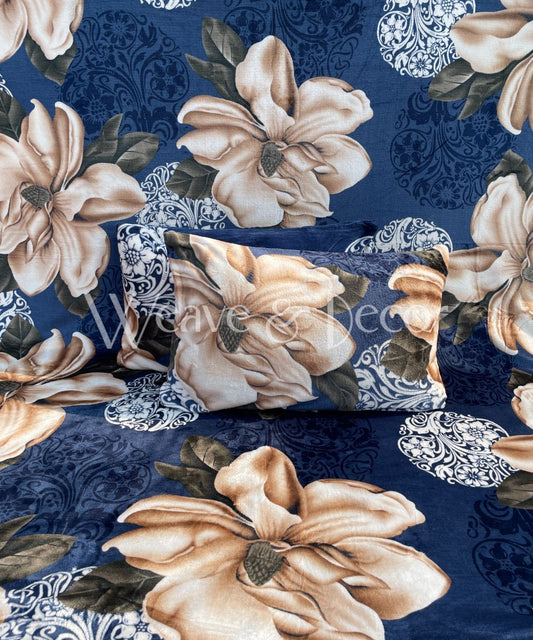 Blue Floral Warm Flannel Double Bedsheet with 2 Pillow Cover