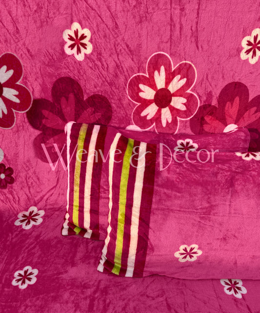 Pink Floral Warm Flannel Double Bedsheet with 2 Pillow Cover