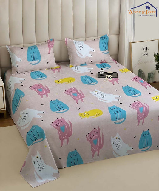 Cute Meow Kids Flat Bedsheet With Pillow Covers