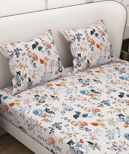 Ivory Floral Symphony Fitted Bedsheet With Pillow Cover