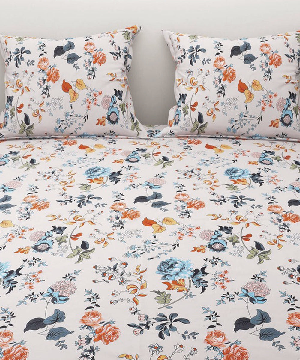 Ivory Floral Symphony Fitted Bedsheet With Pillow Cover