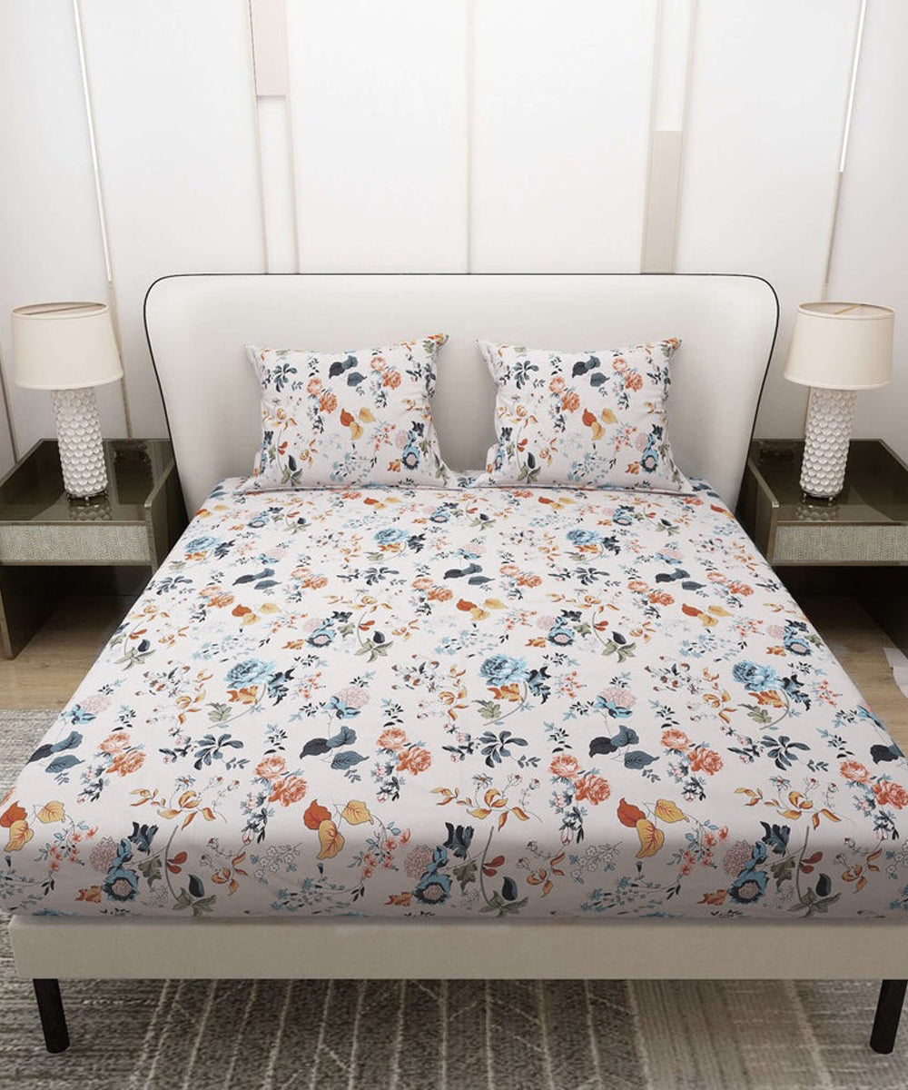 Ivory Floral Symphony Fitted Bedsheet With Pillow Cover