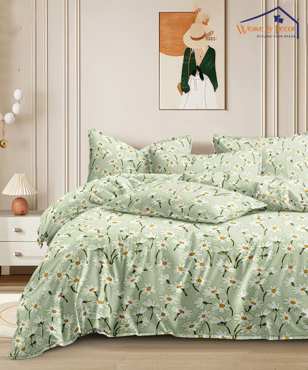 Mint Daisy Delight Flat Double Bedsheet With 2 Pillow Covers