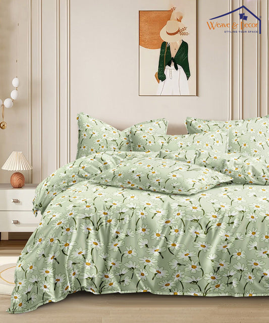 Mint Daisy DelightSuper King Fitted Bedsheet With 2 Pillow Covers