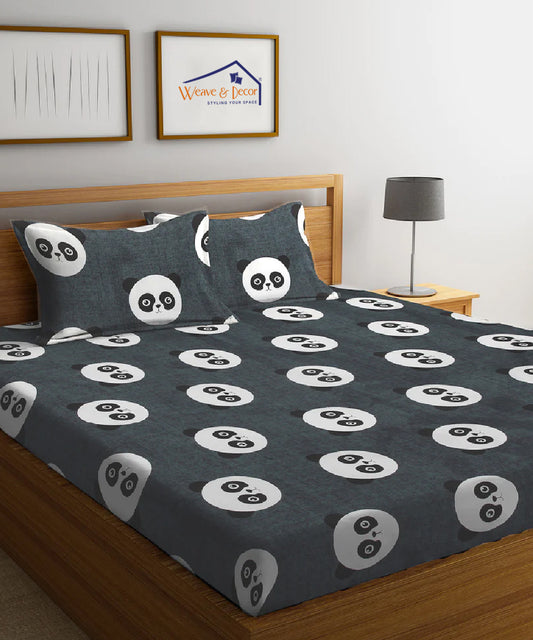 Grey Pandas King Size Bedsheet With 2 Pillow Cover