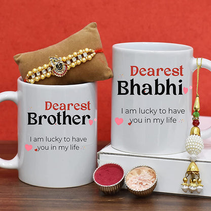 Dearest Brother & Bhabhi Mug Set with 2 Rakhi