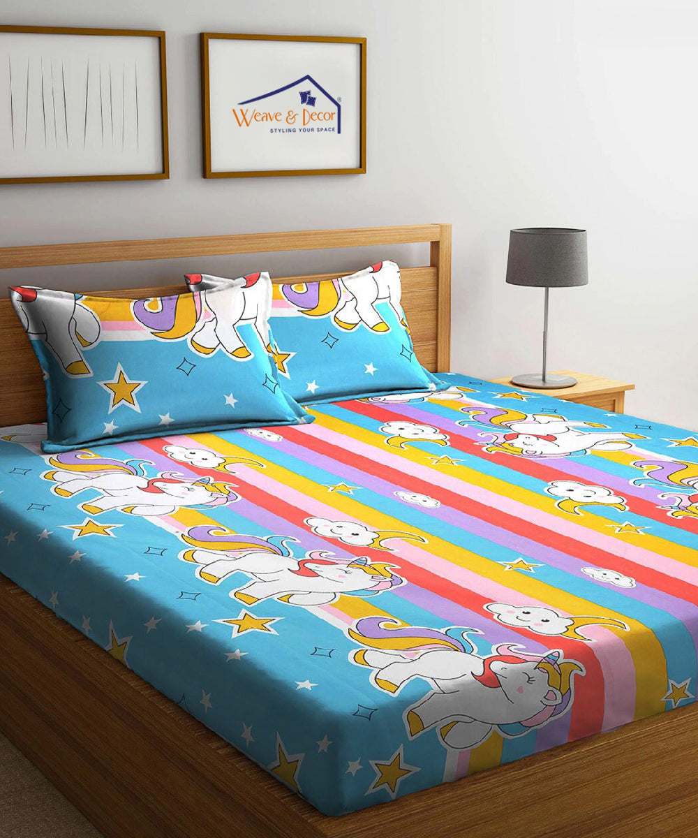 Unicorn Print Fitted Bedsheet With Pillow Cover