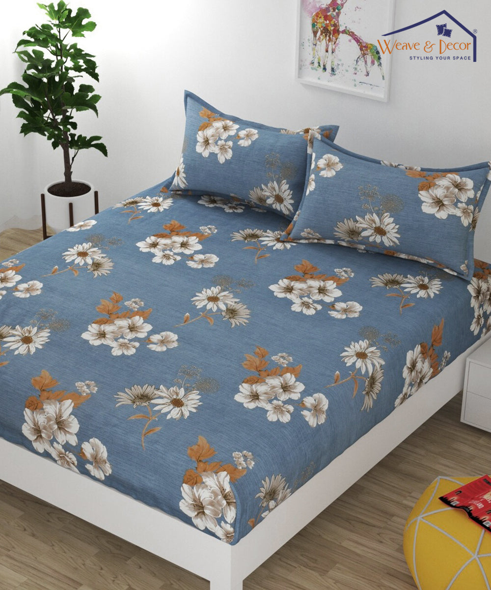 Blueish Grey Floral Fitted Bedsheet With Pillow Cover