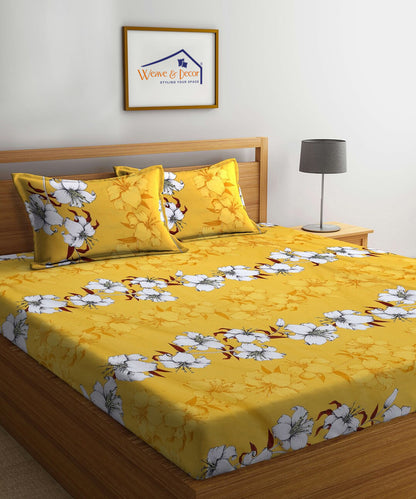 Mustard Floral Super King Fitted Bedsheet With 2 Pillow Covers