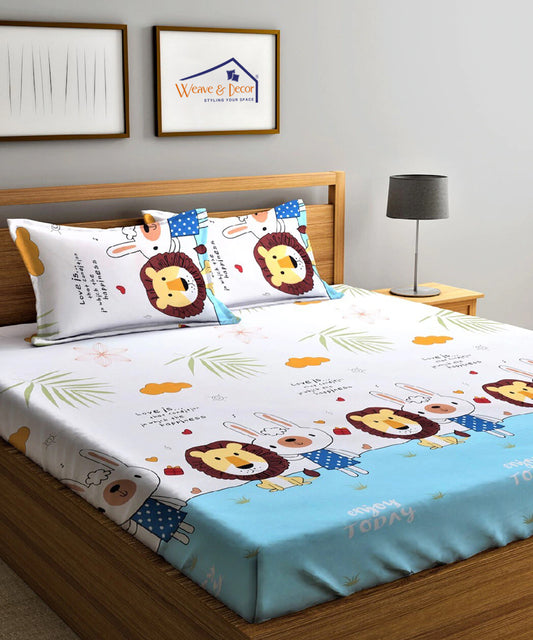 Multi Color Kids Queen Fitted Bedsheet With 2 Pillow Covers