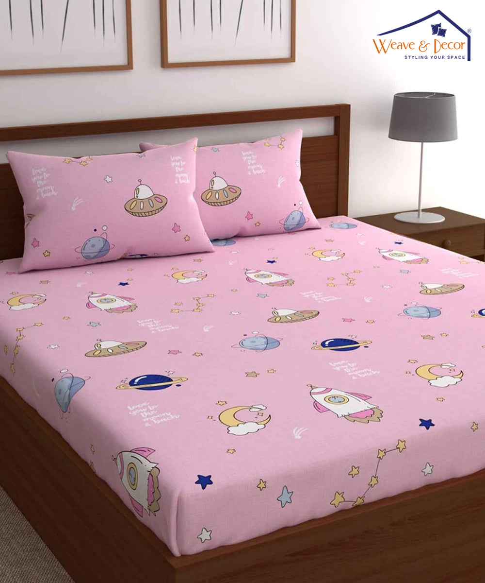 Pink Kids Queen Fitted Bedsheet With 2 Pillow Covers