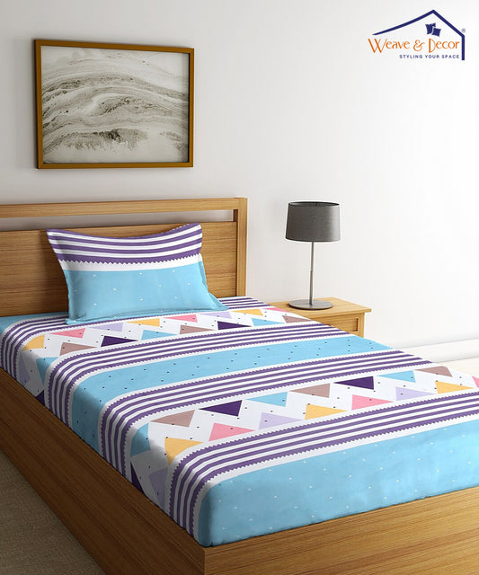 Blue Geometric Single Fitted Bedsheet With 1 Pillow Cover
