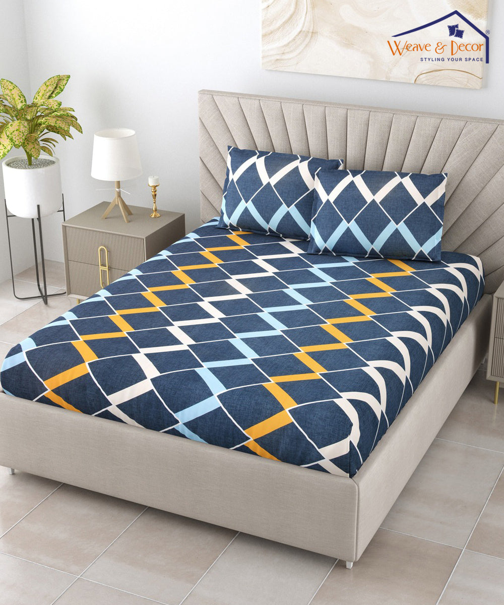 Blue Geometric Fitted Bedsheet With Pillow Cover