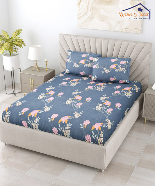 Blue Floral Queen Fitted Bedsheet With 2 Pillow Covers