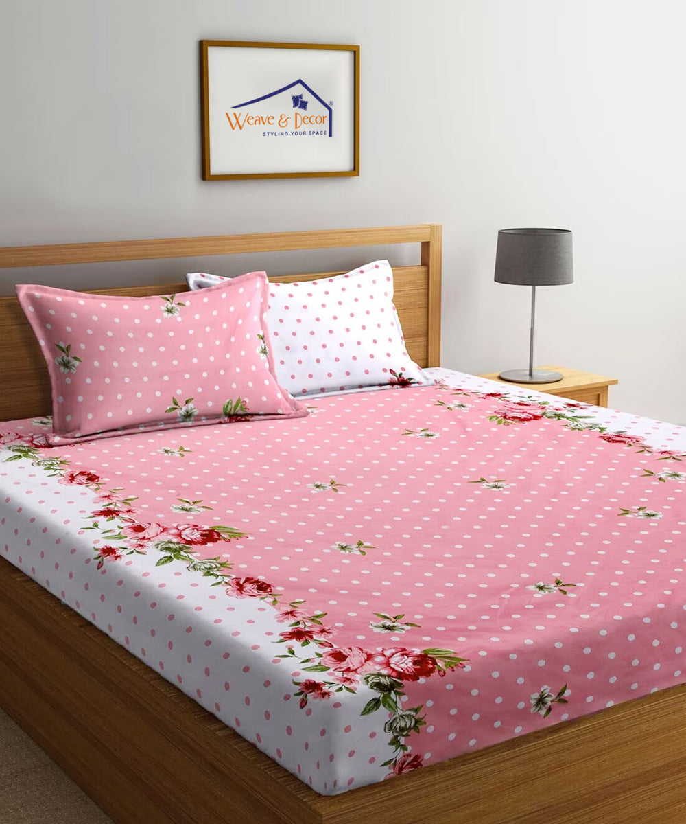 Pink & White Floral Fitted Bedsheet With Pillow Cover