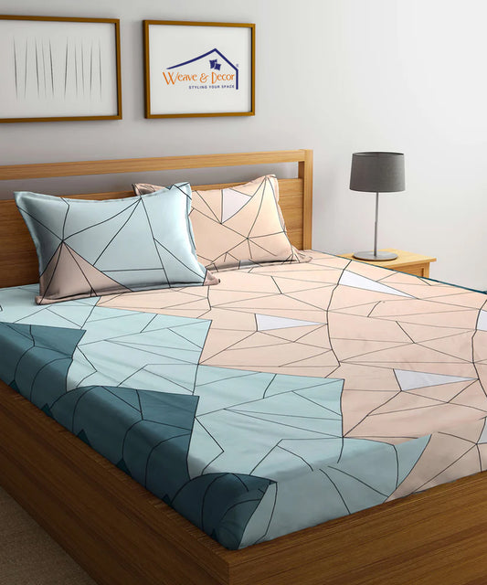 Multi Color Geometric Super King Fitted Bedsheet with 2 Pillow Covers