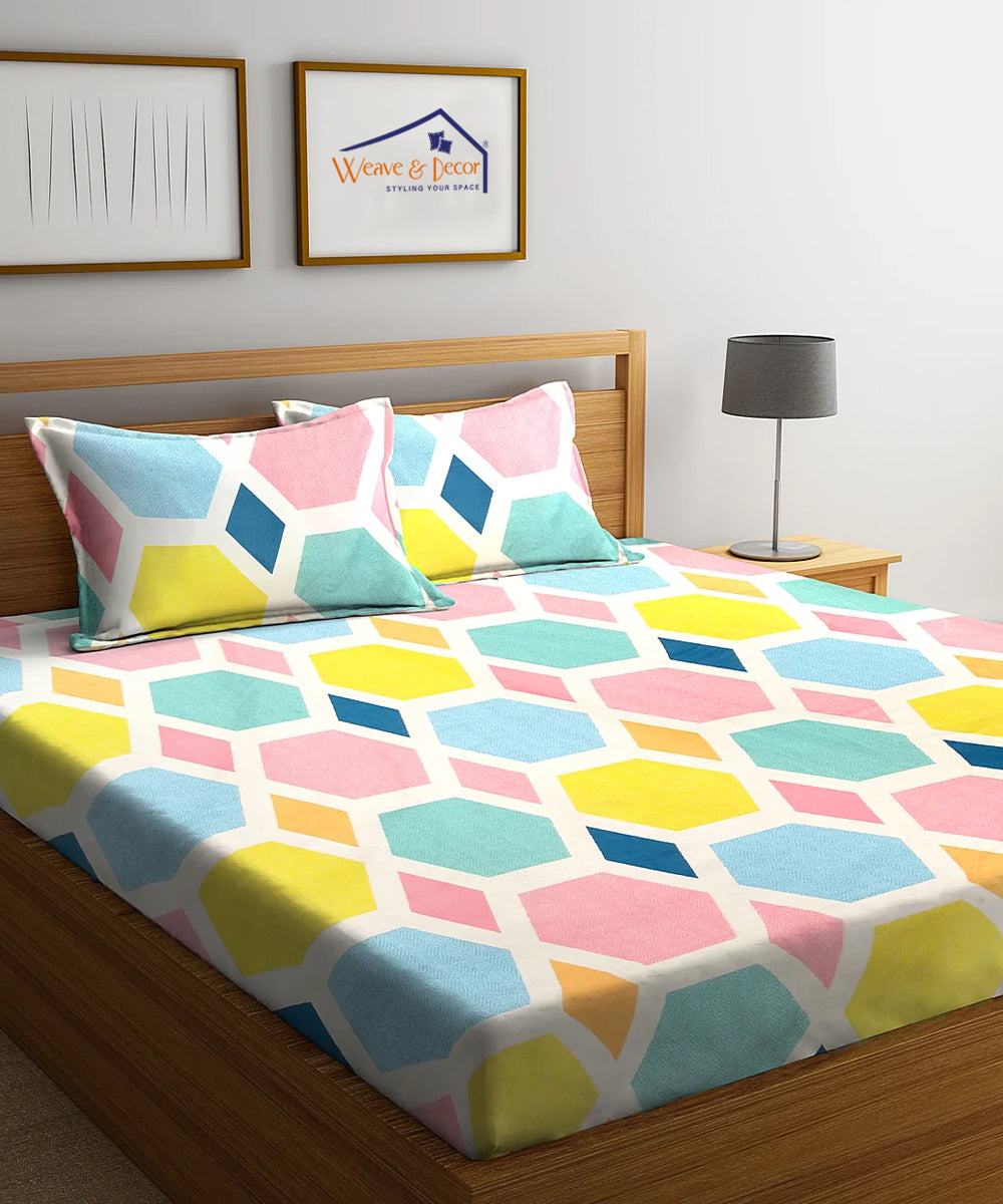 Hexa Geometric Fitted Bedsheet With Pillow Cover