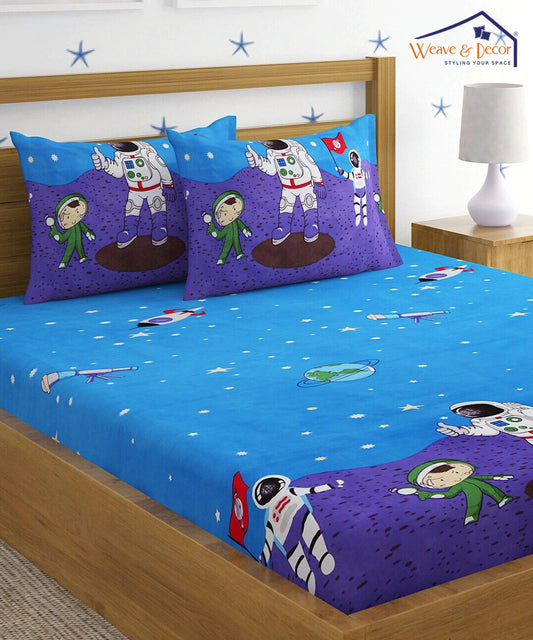 Space Printed Kids Queen Fitted Bedsheet With 2 Pillow Covers