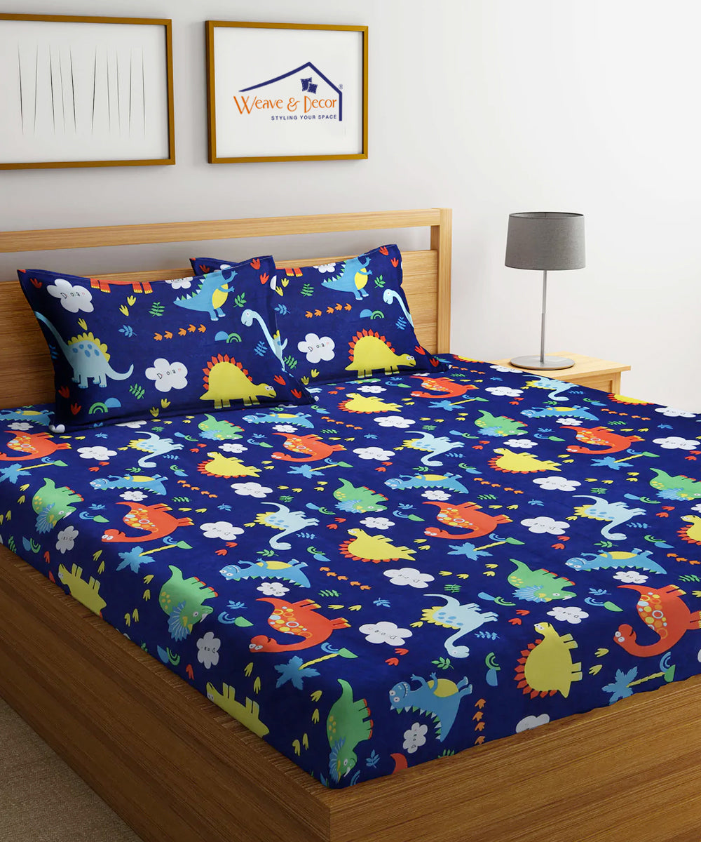 Blue Dinasaur Kids Fitted Bedsheet With Pillow Cover