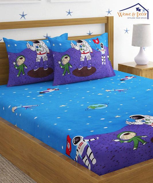 Space Printed Fitted Bedsheet With Pillow Cover