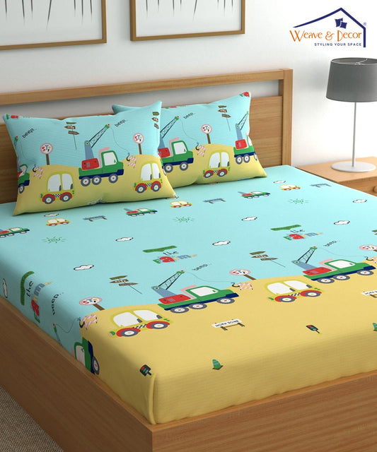 Car Kids Fiited Bedsheet With Pillow Cover