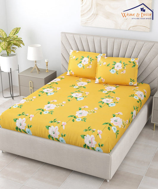 Yellow Floral Fitted Bedsheet With Pillow Cover