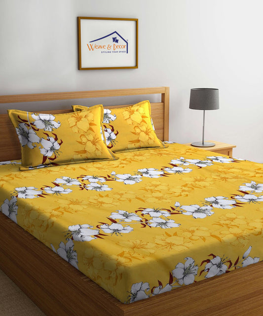 Mustard Floral Fitted Bedsheet With Pillow Cover