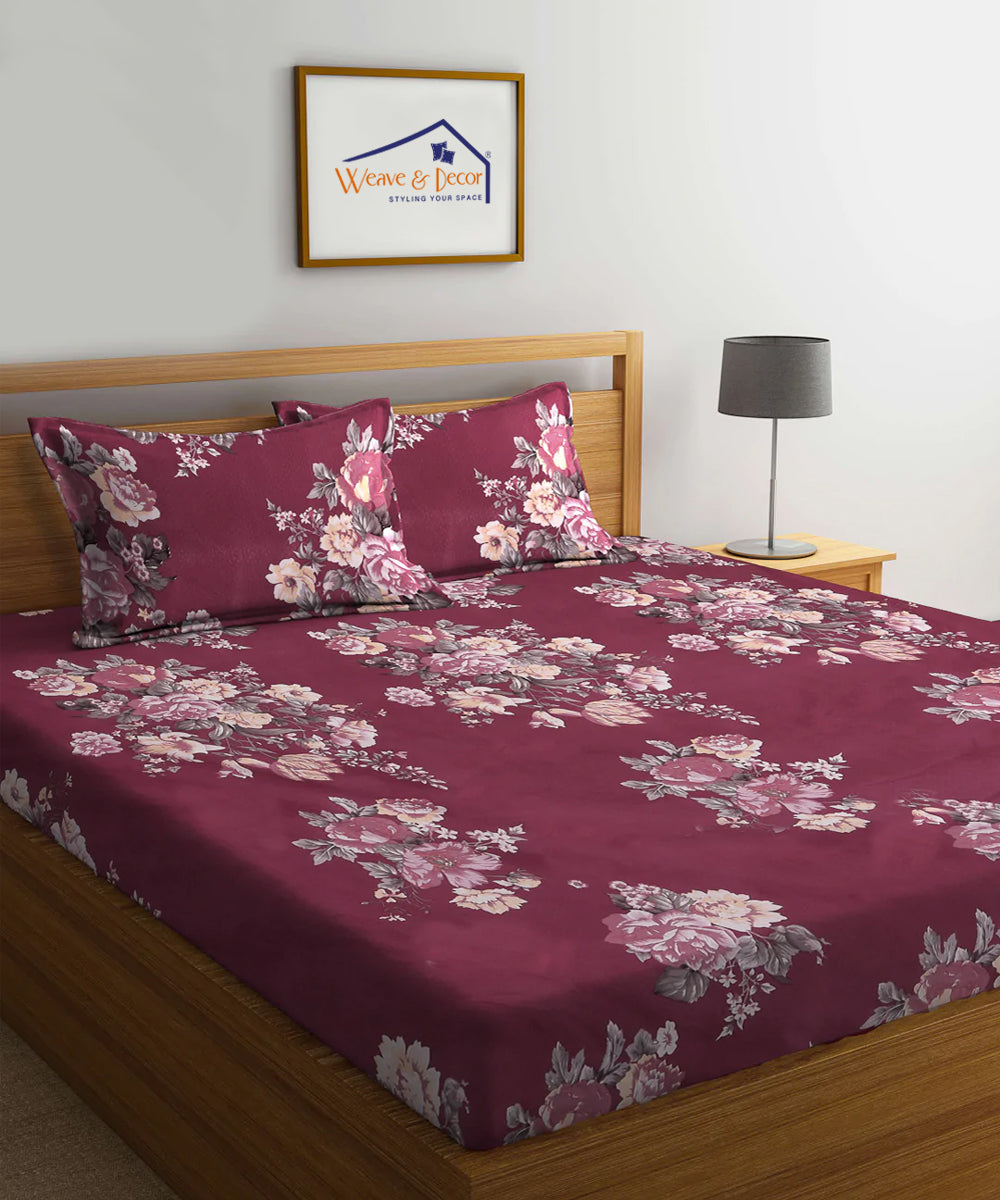 Cherry Floral King Size Bedsheet With 2 Pillow Covers