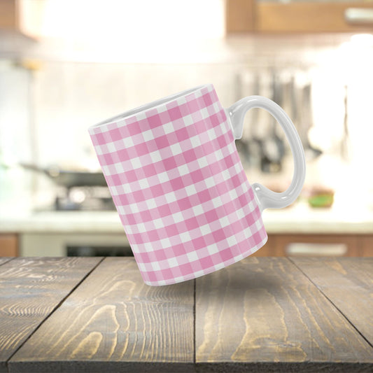 Pink White Checks Printed Tea/Coffee Ceramic Mug | White