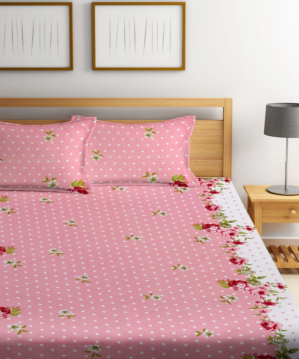 Pink & White Floral Fitted Bedsheet With Pillow Cover