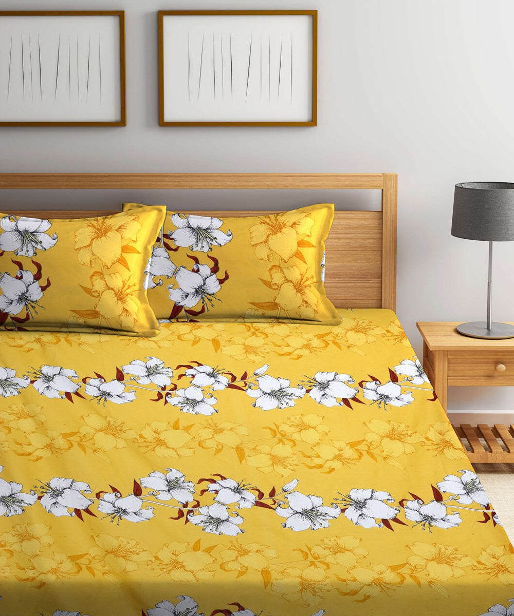 Mustard Floral Super King Fitted Bedsheet With 2 Pillow Covers