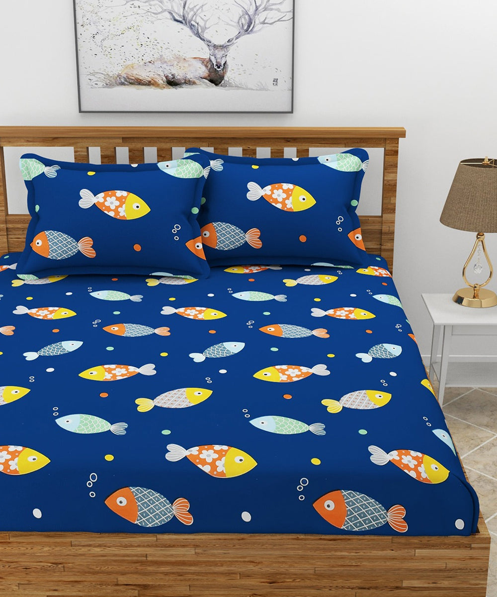 Blue Fish Kids Double Bedsheet With 2 Pillow Covers