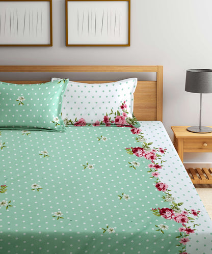 Green & White Fitted Bedsheet With Pillow Cover