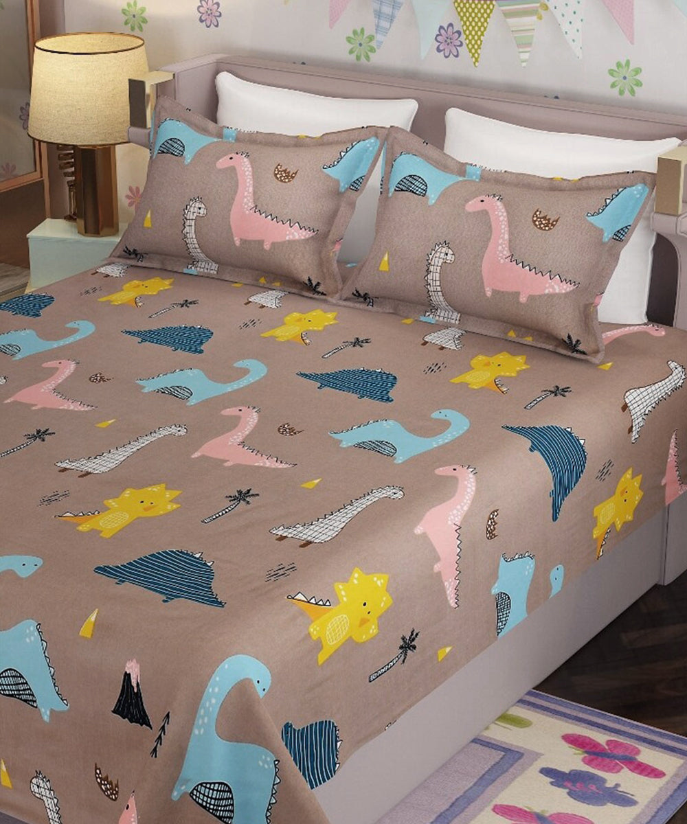 Cute Dinosaur Double Bedsheet With 2 Pillow Cover