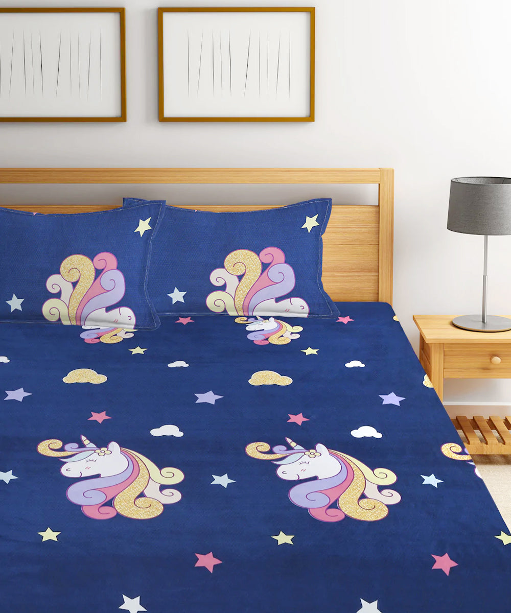 Unicorn Kids Queen Fitted Bedsheet With 2 Pilliow Covers