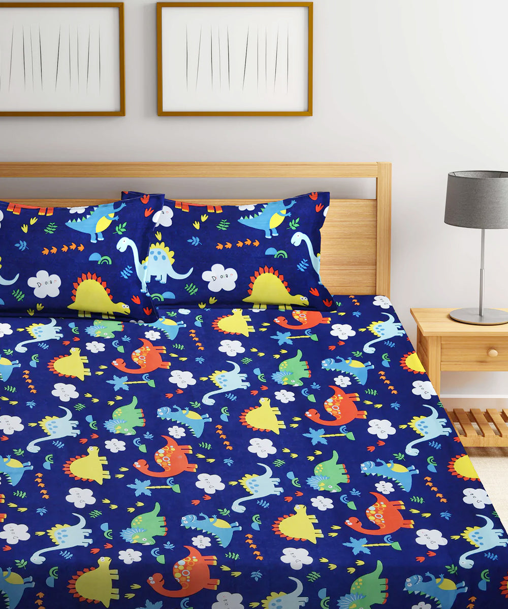 Blue Dinasaur Kids Fitted Bedsheet With Pillow Cover