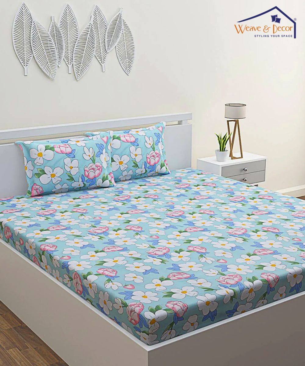 Green Floral Fitted Bedsheet With Pillow Cover