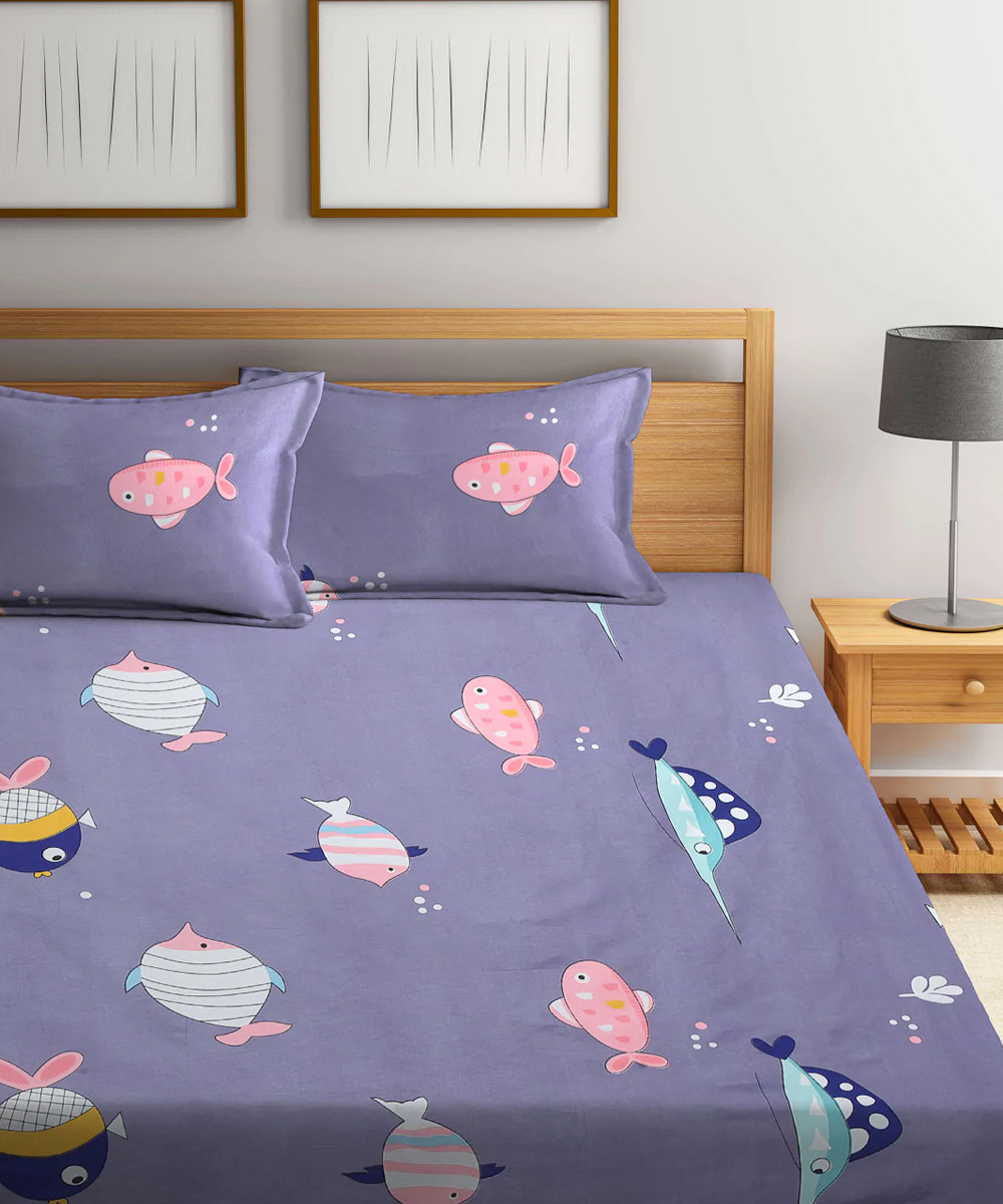 Dolphin Kids Queen Fitted Bedsheet With 2 Pillow Covers