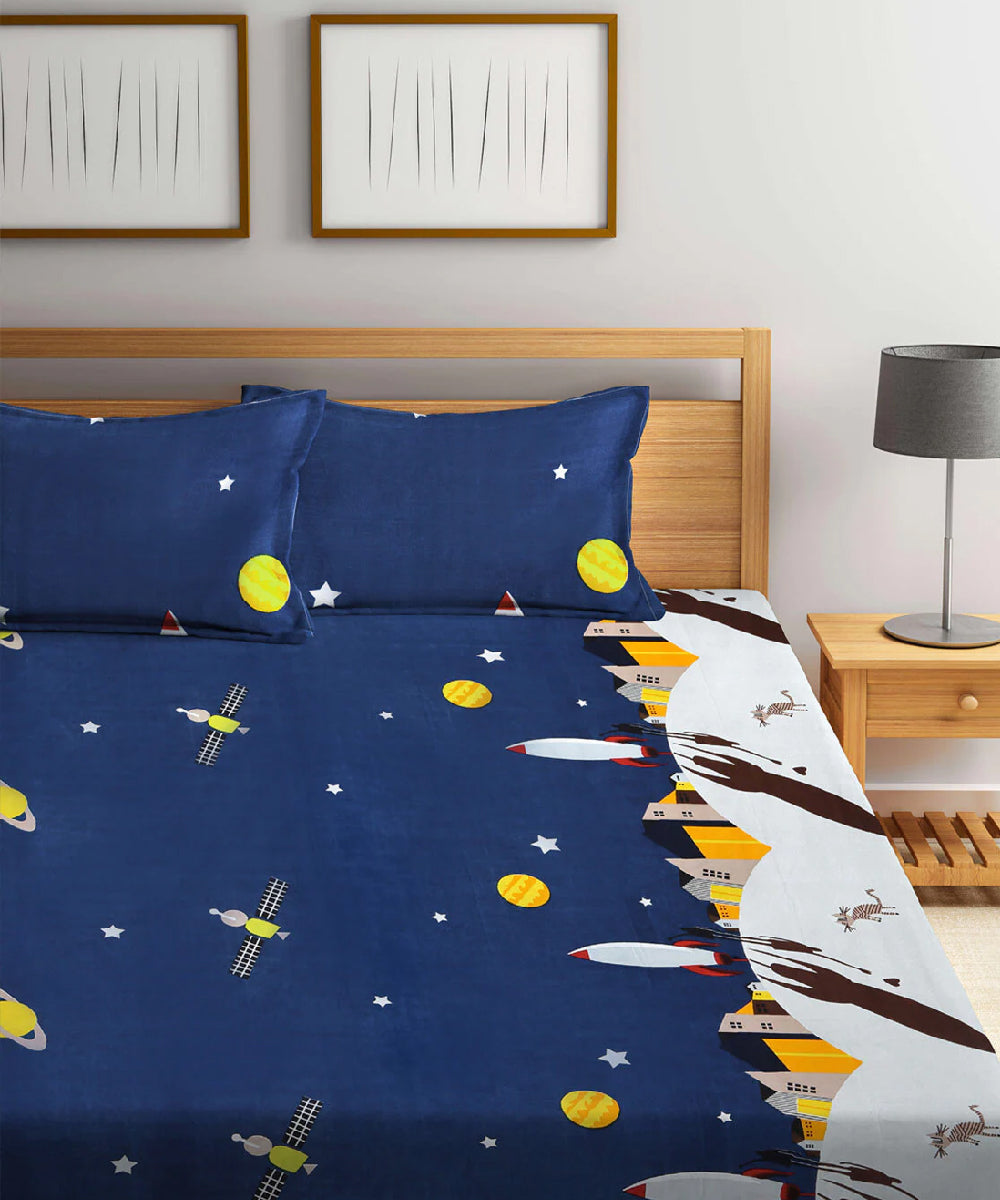 Space Printed Queen Fitted Bedsheet With 2 Pillow Covers